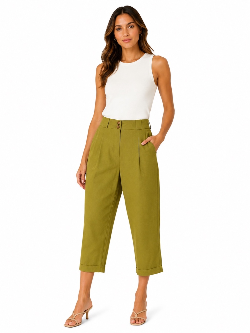 Chartreuse Pleated Tapered Trousers High Waisted Ankle Pants Earthy Goblincore